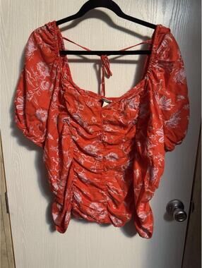 Ava & Viv Top Blouse Womens 2X Red Orange Floral Ruched Puff Sleeve Casual